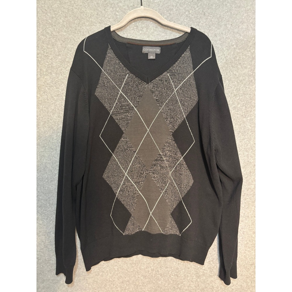 Covington Argyle Sweater Men's Large Black Gray V Neck Preppy Knit